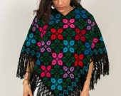 Hand Embroidered Cape Woven Poncho for Women Boho Cross Stitched wrap Spring blanket Black Shawl