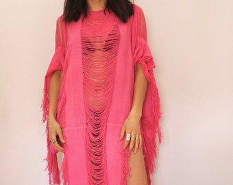 Pink Summer Dress for Women, Beachwear, Tropical Frayed Dress in Natural Cotton, Goddess Kaftan, Bohemian Style Maxi Dress, Christmas Gift