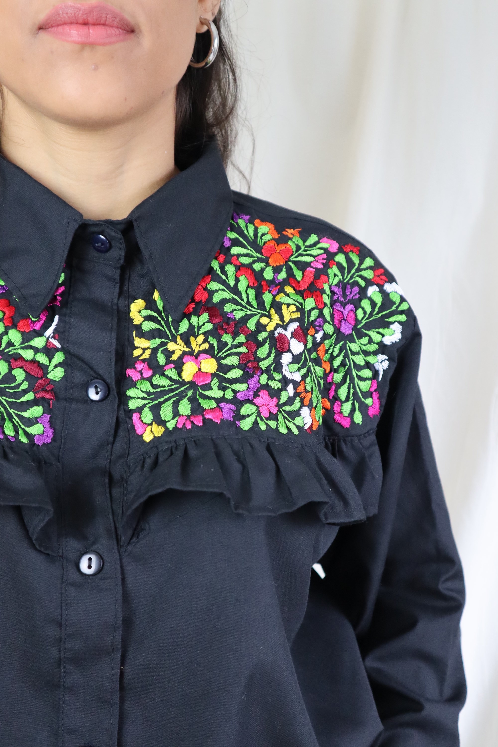 Floral Embroidered Mexican Black Shirt One of a Kind Boho Etsy