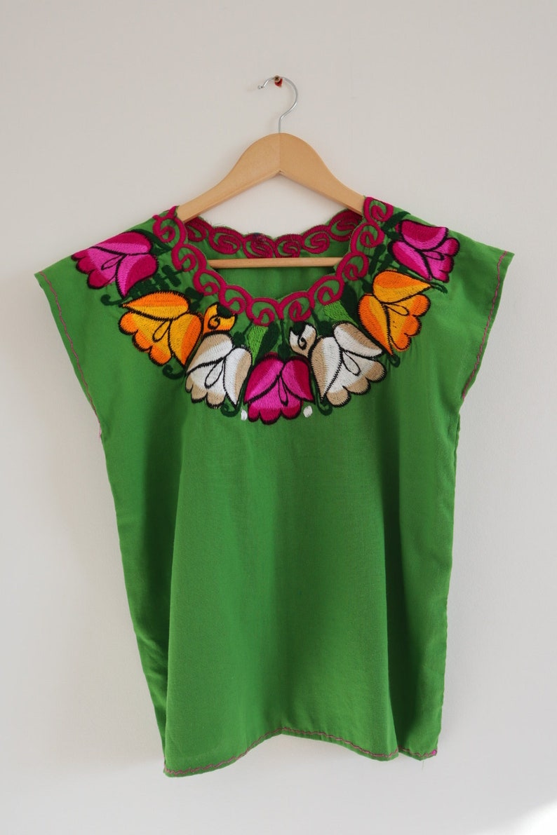 Mexican Floral Blouse, Colorful Mexican Clothing, Mexican Embroidery, Gift for her, woman blouses, Gift under 35, Secret Santa Green