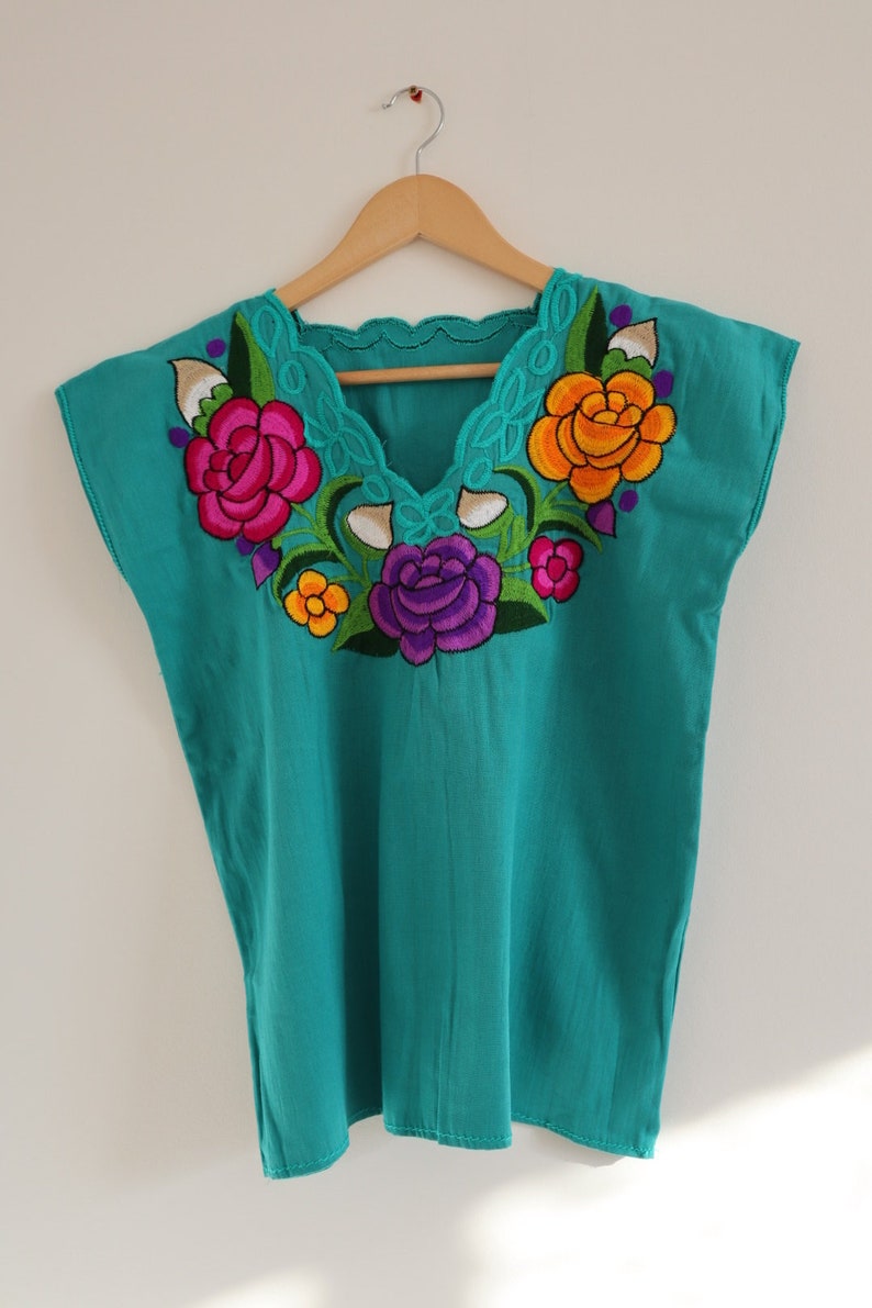 Mexican Floral Blouse, Colorful Mexican Clothing, Mexican Embroidery, Gift for her, woman blouses, Gift under 35, Secret Santa Emerald Purple Rose