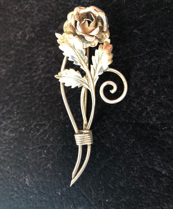 Vintage Sterling Silver Long Stem Rose Pin - image 1