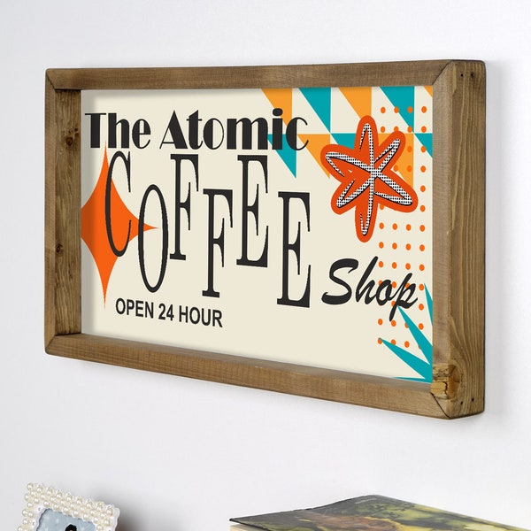 Mid Century Modern Coffee shop Art wood frame,Atomic Star Decor,Retro Coffee Pot,Coffee Lover Gift,Coffee Bar Sign,Atomic Cat,Mid Century