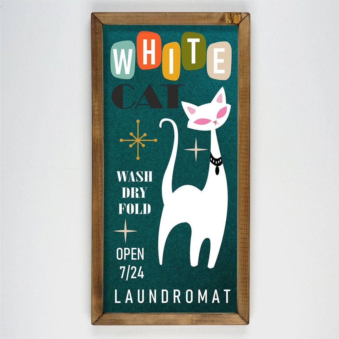 Mid Century Modern Laundromat Cats Art Wood Frame,atomic Star Decor