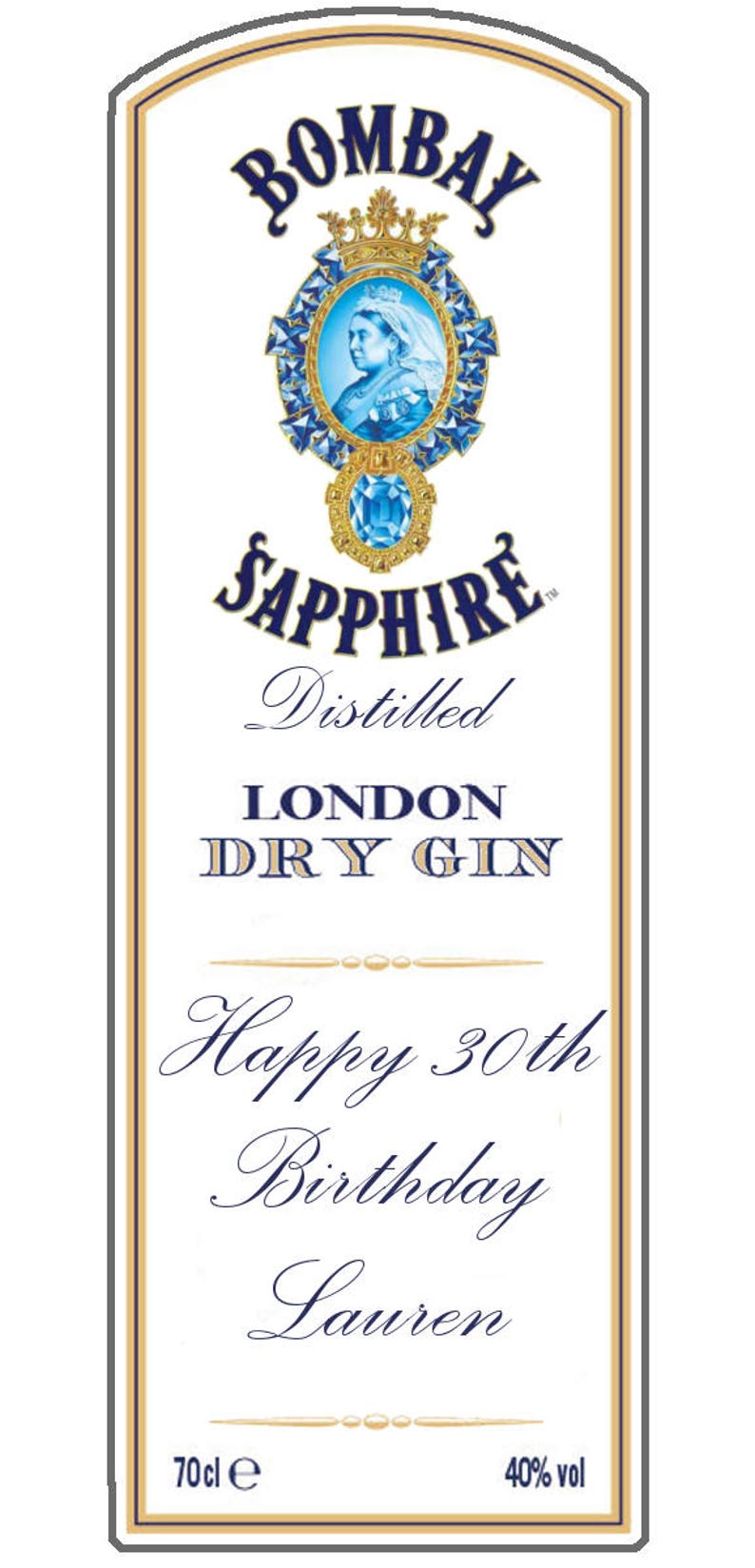 personalised bombay sapphire gin label 70cl free postage