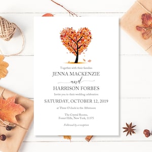 Invito di nozze stampato, autunno inviti di nozze, inviti di nozze di autunno, invito matrimonio, albero di amore di caduta, accessibile reception invita