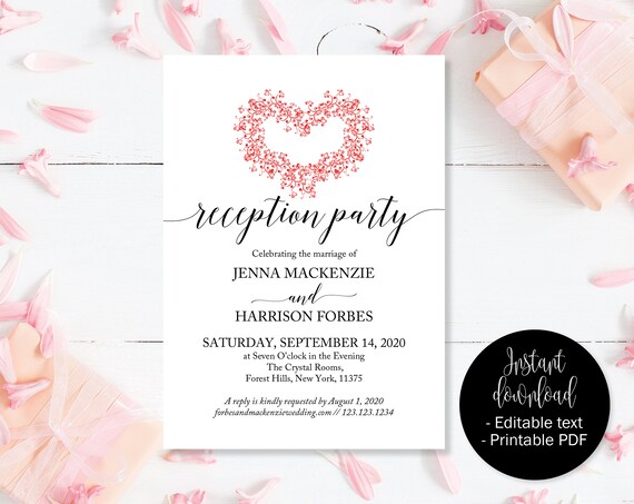 red heart wedding reception party invites evening etsy