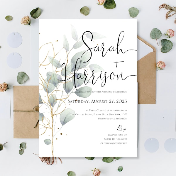 Printed Gold Green Eucalyptus Theme Wedding Invitations, Simple Classy Wedding Invitations, Clean Sage Wedding Invites, Print My Invitations