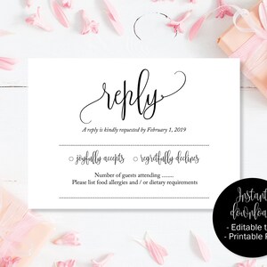 Bruiloft RSVP-kaarten, bruiloft antwoord aanwezigheid acceptatiekaarten, RSVP-sjabloon afdrukbare bewerkbare bruiloft briefkaart downloaden eenvoudige RSVP-invoeging