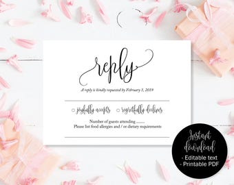 Wedding RSVP Cards, Wedding Reply Attendance Acceptance Cards, RSVP Template Printable Editable Wedding Postcard Download Simple RSVP Insert