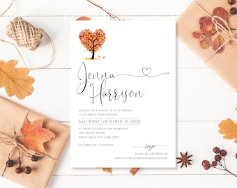 Printed Fall Wedding Invitation, Wedding Invitation, Autumn Wedding Invites, Invitations Wedding, Fall Love Tree, Cheap Perfect Invitations