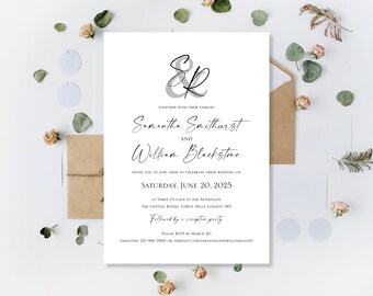May include: Wedding invitation with a white background and black text. The invitation features a grey ampersand and the letter R in a script font. The text reads "Together with their families, Samantha Smithurst and William Blackstone invite you to join them to celebrate their wedding on Saturday, June 20, 2025 at three o'clock in the afternoon, The Crystal Rooms, Forest Hills, London SW1. Followed by a reception party. Please RSVP by March 20. Samantha 123 456 7800 or theknot.com/samanthaandwilliamwedding"