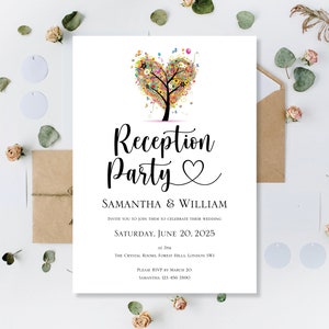Impreso personalizado fiesta de recepción noche invitaciones de boda de verano invita día fiesta de recepción sólo arco iris amor corazón árbol tarjeta de invitación