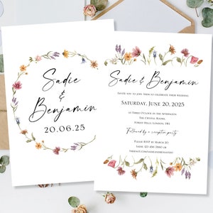 Gedrukte trouwkaarten nodigt uitnodigingen uit voor dag-avondfeest Receptie Bloemenweide Boho Wilde wilde bloemen Kalligrafie Eenvoudig modern bloemen