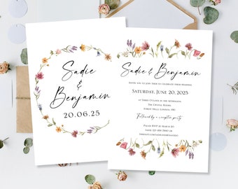 Printed Wedding Cards Invites Invitations Day Evening Party Reception Flower Meadow Boho Wild Wildflowers Calligraphy Simple Modern Floral