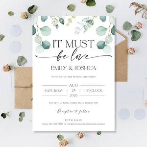 Gedruckt Eukalyptus Hochzeitseinladungen lädt Karten Es muss Liebe Tag Tag oder Abend Hochzeitsempfang Nachtzeit Einladung Party