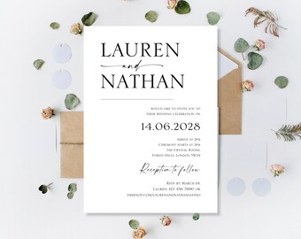Printed Wedding Invitations Daytime And Evening Reception Party Day Ceremony Modern Invites Eucalyptus Minimalist