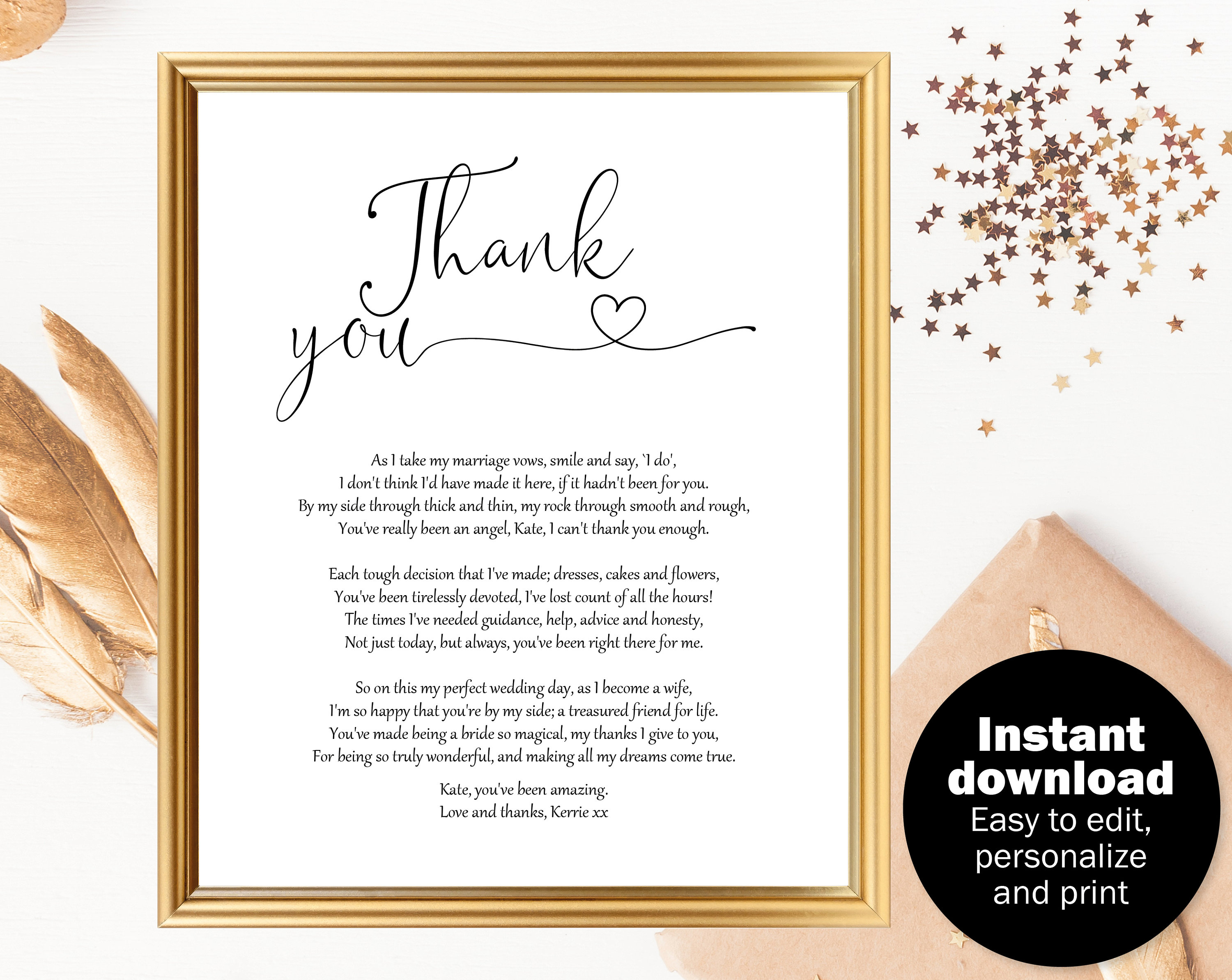 Bridesmaid Thank You Poem Gifts Personalised Gifts for Maid of Honour Bridesmaid 