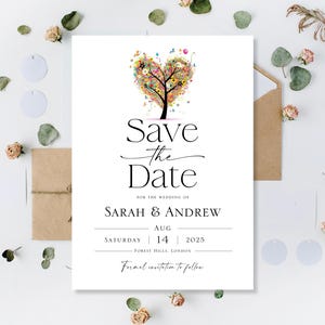 Cartes "Retenez cette date" imprimées pour l'été Cartes "Retenez cette date" pour un mariage d'été Réception en soirée "Retenez notre date" pour un mariage estival Arbre coeur d'amour minimaliste