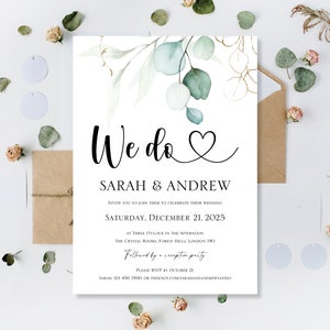 Impreso We Do Love Heart Invitaciones de boda Fiesta Recepción Noche Invita Tarjetas Boda Verde Oro Verde Invitación de eucalipto Invitar