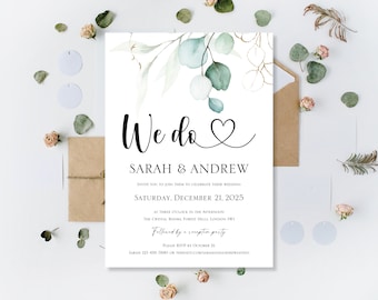 Printed We Do Love Heart Wedding Invitations Party Reception Evening Invites Cards Wedding Green Gold Greenery Eucalyptus Invitation Invite