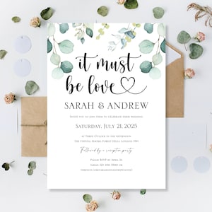 Impreso debe ser amor corazón invitaciones de boda fiesta recepción noche invita tarjetas boda verde verde eucalipto invitación invitar