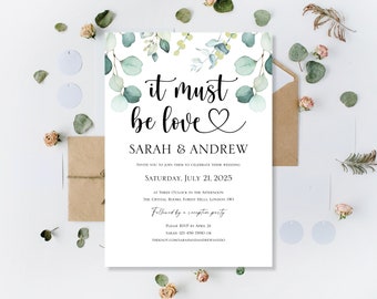 Printed It Must Be Love Heart Wedding Invitations Party Reception Evening Invites Cards Wedding Green Greenery Eucalyptus Invitation Invite