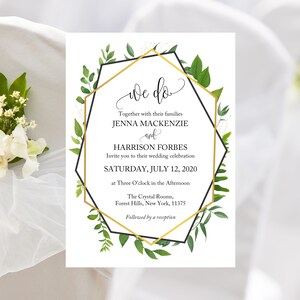 May include: A wedding invitation with a gold geometric frame and green foliage. The text reads "We do" with the names Jenna Mackenzie and Harrison Forbes, the date Saturday, July 12, 2020, and the location The Crystal Rooms, Forest Hills, New York, 11375.