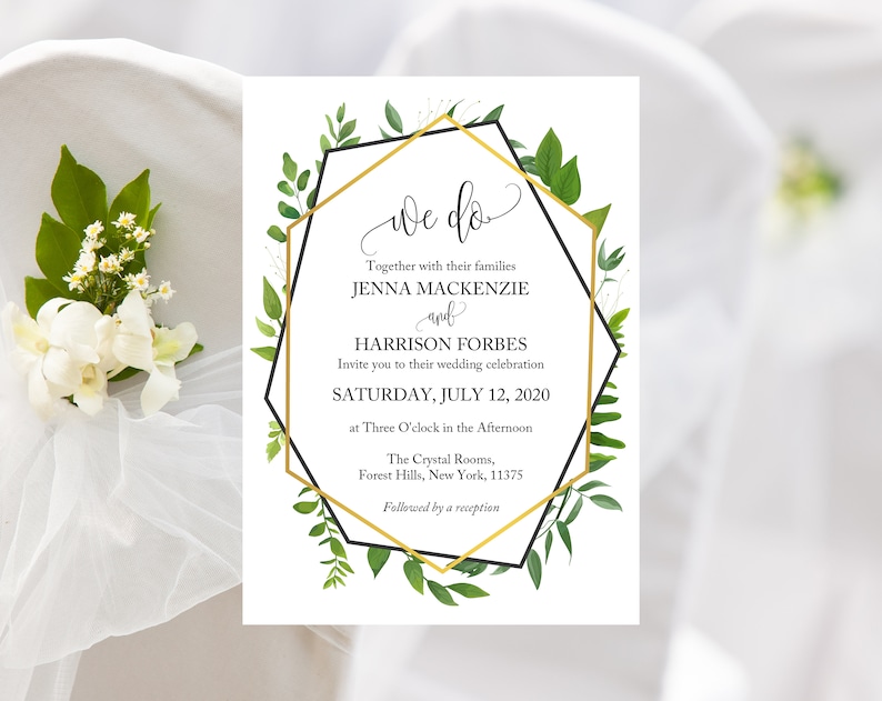 May include: A wedding invitation with a gold geometric frame and green foliage. The text reads "We do" with the names Jenna Mackenzie and Harrison Forbes, the date Saturday, July 12, 2020, and the location The Crystal Rooms, Forest Hills, New York, 11375.