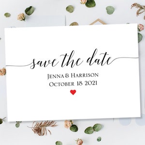 Gedruckt Save The Date, rotes Herz Speichern Sie das Datum, speichern Sie die Daten Karte, moderne speichern Das Datum, Foto speichern das Datum, minimalistisch speichern unser Datum