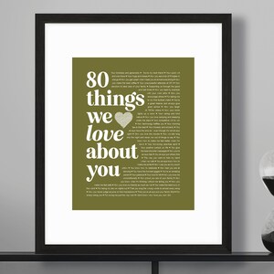 May include: A framed print with a green background and white text that reads "80 things we love about you". The text is surrounded by a heart shape. The frame is black.