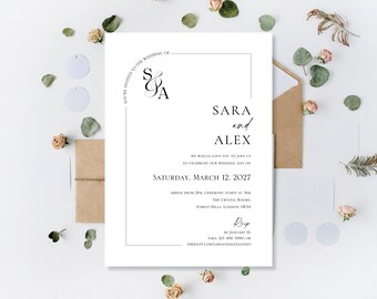May include: A white wedding invitation with black text, featuring the names "Sara and Alex." The invitation includes the wedding date, time, and location. The design is minimalist, with a simple border and elegant typography. The invitation is surrounded by decorative elements.