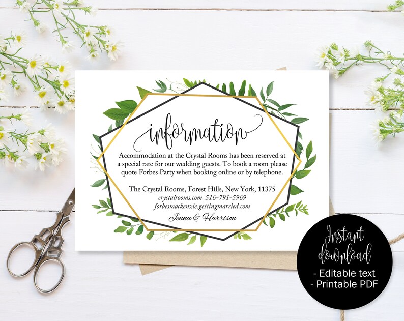Green And Gold Wedding Guest Details Template Wedding Guest Etsy