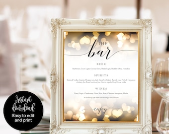 Wedding Bar Sign, Wedding Bar, The Bar Menu, Drinks Menu Template, Bar Sign Personalize, Bar Signage, Editable Bar, Wedding Sign Printable