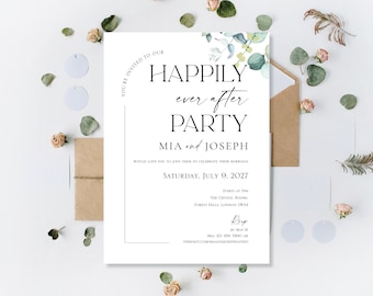 Printed Wedding Invitations: Personalised Happily Ever After Party Invites | Reception Evening Night | Day Ceremony Invite | Eucalyptus
