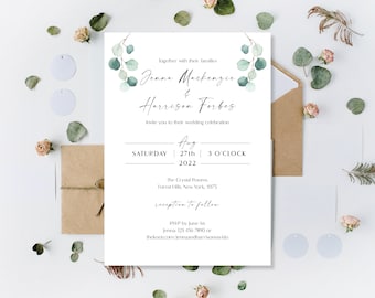 Printed Eucalyptus Wedding Invitations, Green Wedding Invites, Greenery Wedding Invites, Rustic Twine Invites, Botanical Floral Invites
