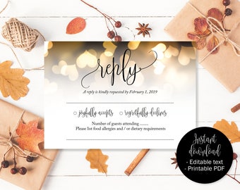 Gold Wedding RSVP Cards, Gold Hearts Wedding, Reply Acceptance, Attendance Cards, RSVP Template, Wedding Printable, Download RSVP Insert