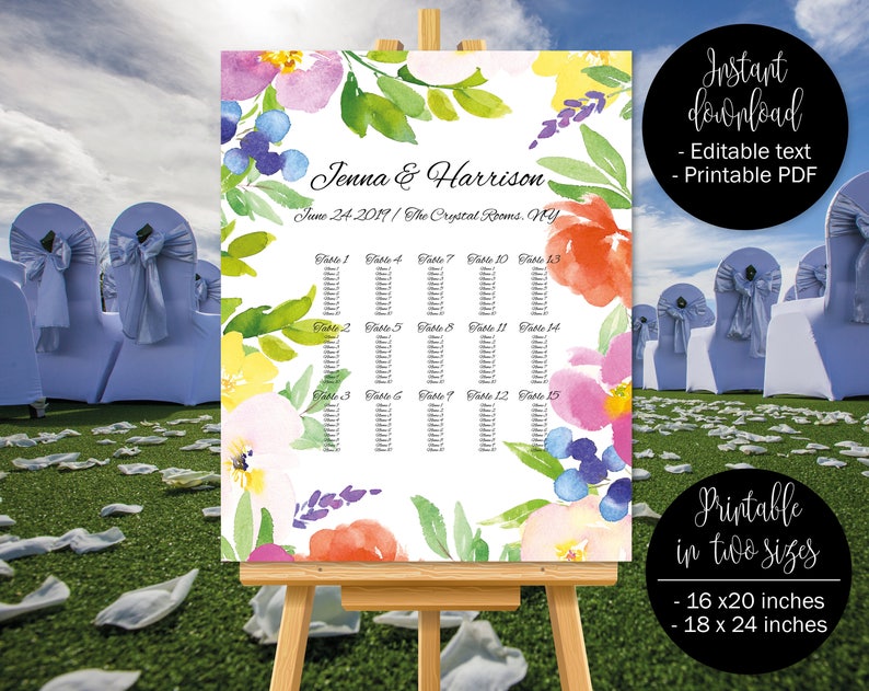 Watercolor Floral Wedding Template Seat Plan Wedding Table Plan Chart Wedding Seating Chart Plan Printable Template Border 3 SEATING-3