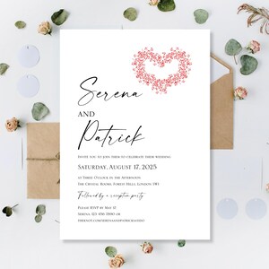Tarjetas de invitación impresas para bodas, día, noche, recepción, fiesta, invitación minimalista personalizada, corazón rojo, amor