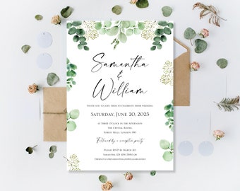 Printed Eucalyptus Wedding Day Or Evening Reception Party Only Invitations Invites Simple Sage Green Cards Rustic Floral Boho Wild Flowers