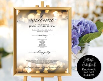 Gold Welcome Wedding Sign, Editable Wedding Ceremony Poster, Wedding Welcome Sign, Welcome To Our Wedding, Program Sign Template Download