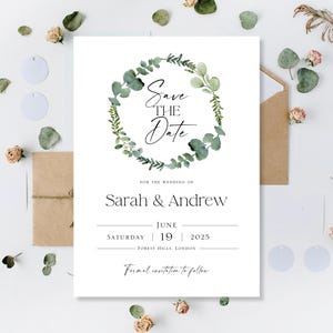 Gedruckte Save The Date Hochzeitskarten Hochzeit Save The Date-Karten Sparen Sie Den Abend Nacht-Empfang Sparen Sie Unser Datum Eukalyptus-Kranz-Hochzeit