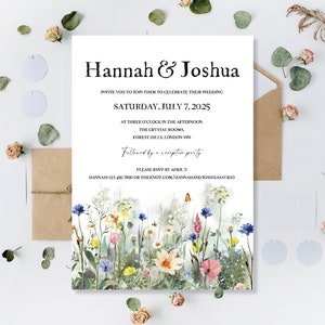Printed Wedding Day Evening Party Reception Invitations Invites Cards Modern Floral Wreath Meadow Flowers Wildflowers Boho Flat Folded image 9