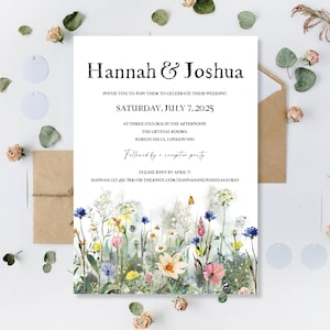 Gedruckte Blumenwiese Hochzeitstag Empfang Abend Party Einladungen Lädt Karten Moderne Kranz Wilde Blumen Wildblumen Boho Botanical