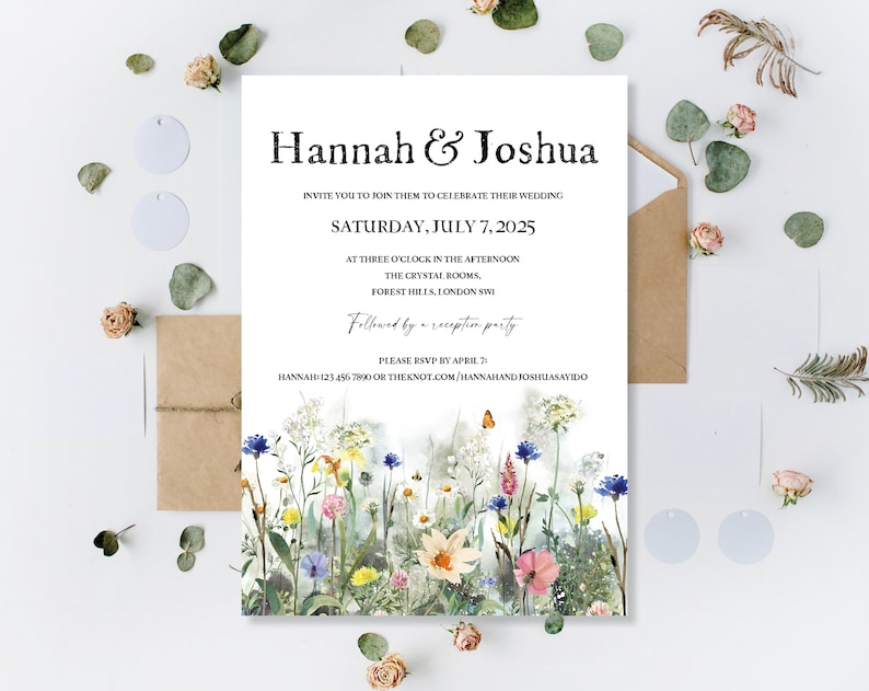 Printed Wedding Day Evening Party Reception Invitations Invites Cards Modern Floral Wreath Meadow Flowers Wildflowers Boho Flat Folded image 9