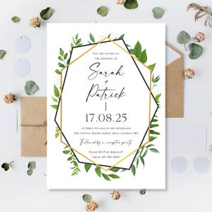 Invitaciones de boda impresas Invitaciones para recepción diurna, diurna o nocturna, diseño personalizado de eucalipto verde y dorado, tema minimalista