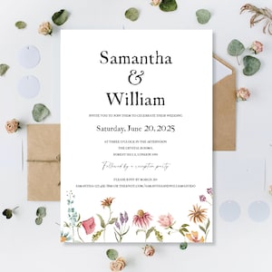 Gedruckt Hochzeit lädt Einladungen Karten Tag Abend Party Empfang Wildblumen Gepresst Wiese Blumen Botanisch Floral Vintage Einfach