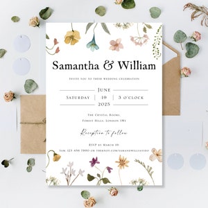 Printed Wedding Day Evening Party Reception Invitations Invites Cards Modern Floral Wreath Meadow Flowers Wildflowers Boho Flat Folded image 5
