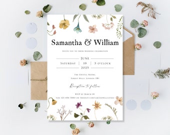 Printed Boho Wedding Day Evening Party Reception Invitations Invites Cards Modern Floral Wreath Meadow Wild Flowers Wildflowers Botanical