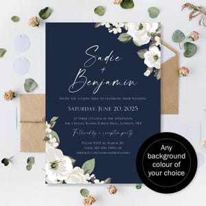 Invitaciones de boda impresas Invitaciones de día o de noche Recepción Fiesta Noche Felices para siempre Fiesta Invitación personalizada con flores de eucalipto en azul